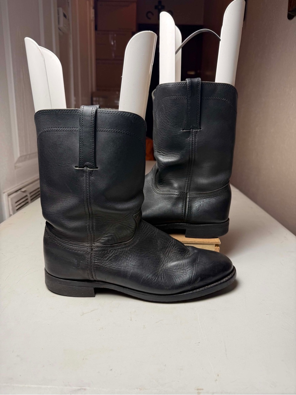 FRYE leather black roper boots almond toe pull on  mid calf Women Sz 10.5 M